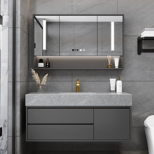 现代智能浴室柜镜柜组合卫生间灰色岩板陶瓷洗漱台洗手洗脸盆