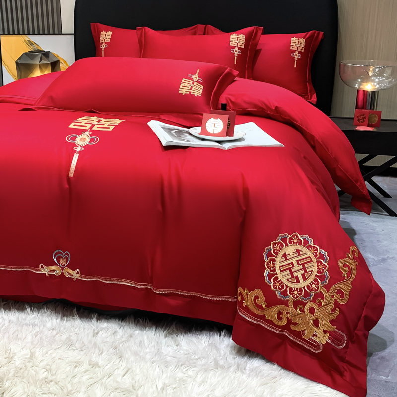 高档中式婚庆四件套大红色床单被套全棉纯棉结婚床上用品婚房喜被