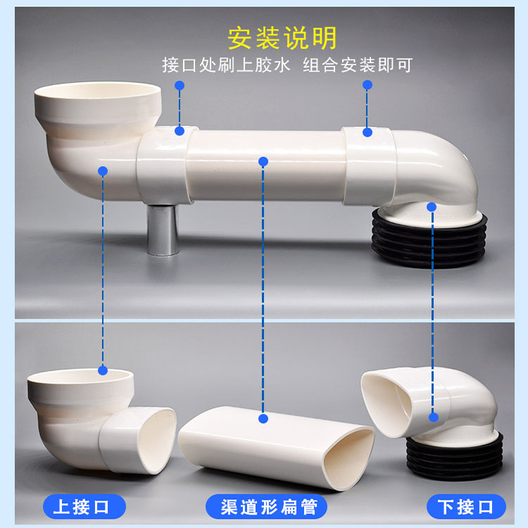 防堵塞渠道形马桶移位器扁管可调移位配件不挖地蹲盆坐便移位器