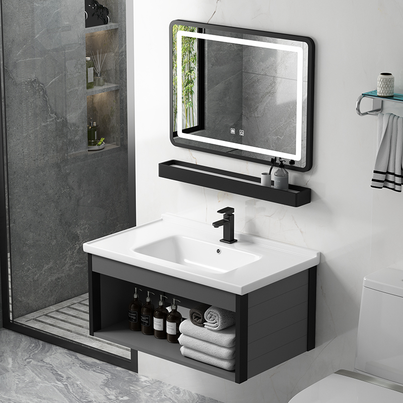 挂墙式太空铝浴室柜卫生间一体陶瓷洗手盆岩板洗脸盆柜组合智能镜
