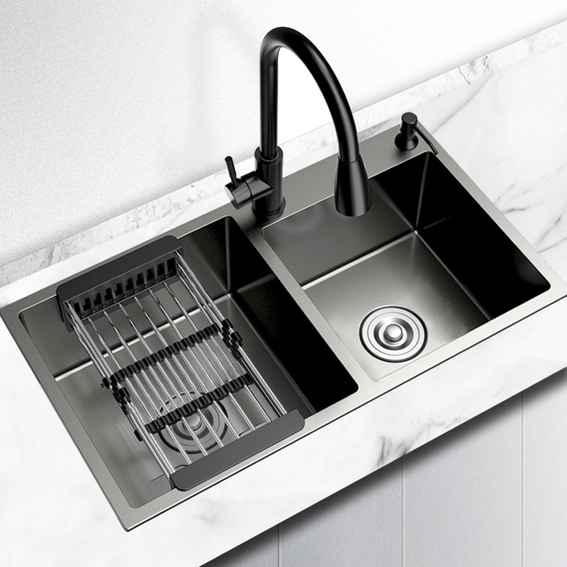 厨房水槽双槽套餐304不锈钢洗菜盆黑色手工加厚家用洗碗槽台下盆