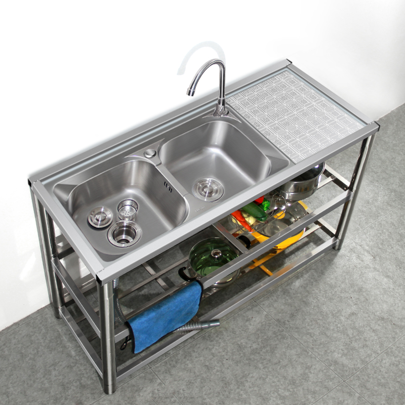 厨房洗菜盆不锈钢水槽单槽带支架平台加厚洗碗池双槽家用可砍骨头