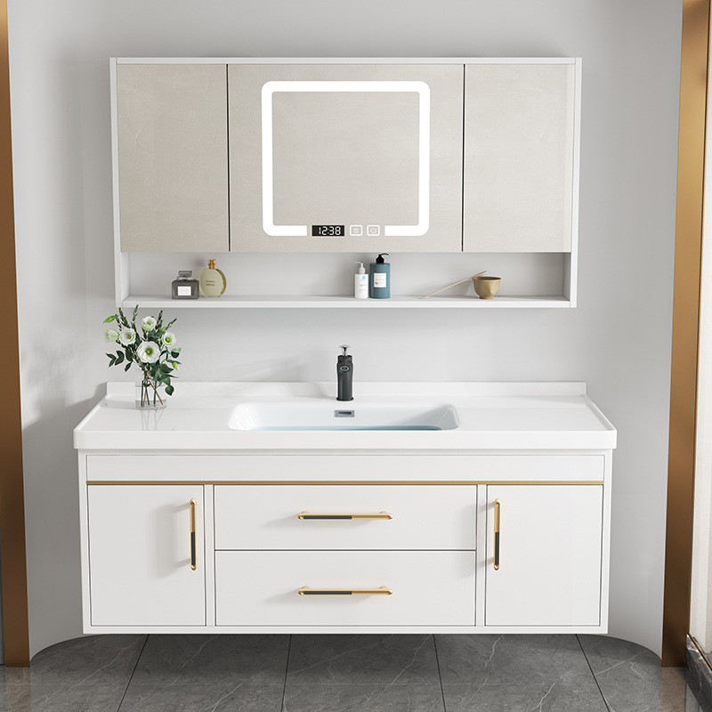 现代简约卫浴陶瓷一体智能双盆浴室柜实木卫生间洗漱台洗手盆组合
