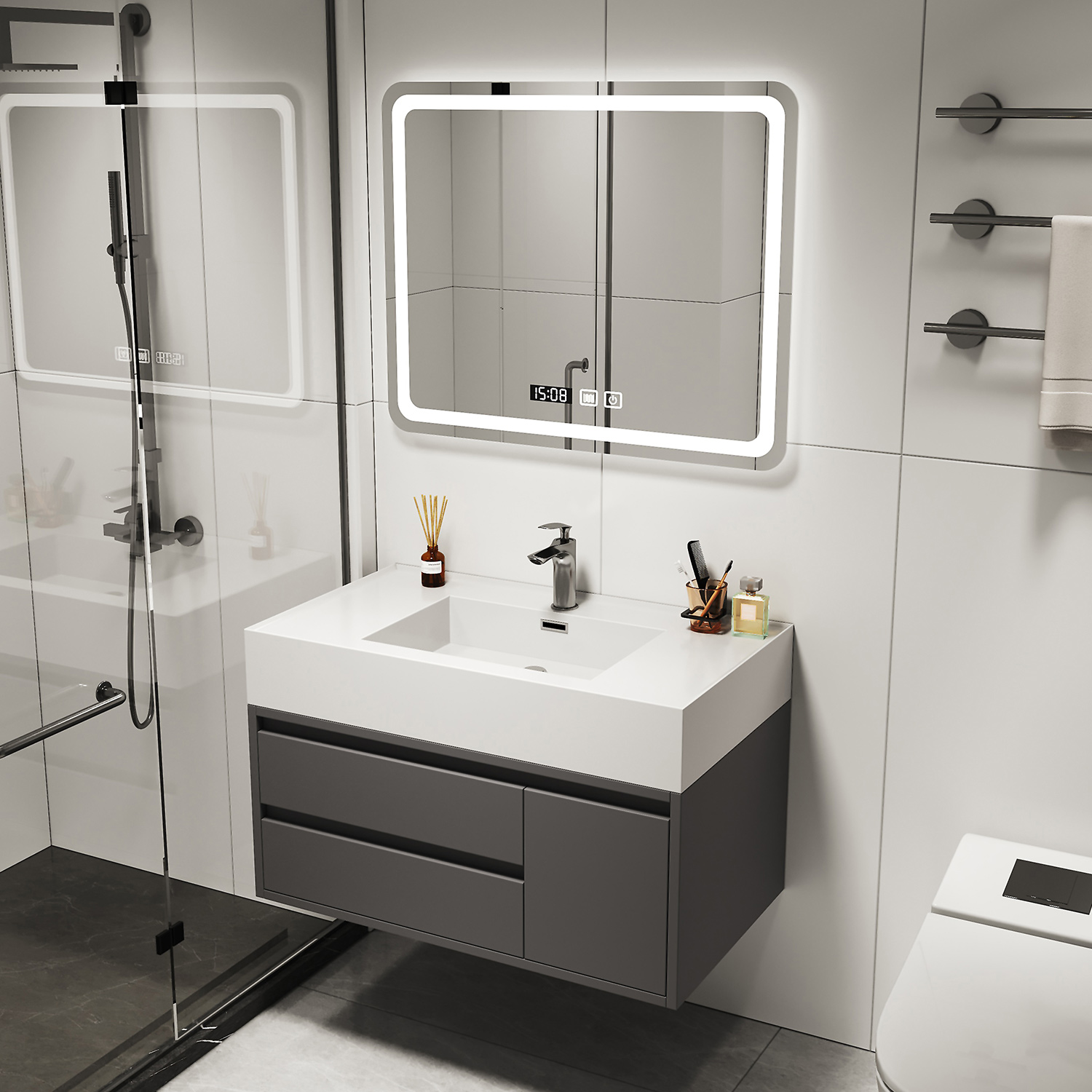 轻奢智能浴室柜组合简约现代洗面盆卫生间实木洗漱台北欧风卫浴柜