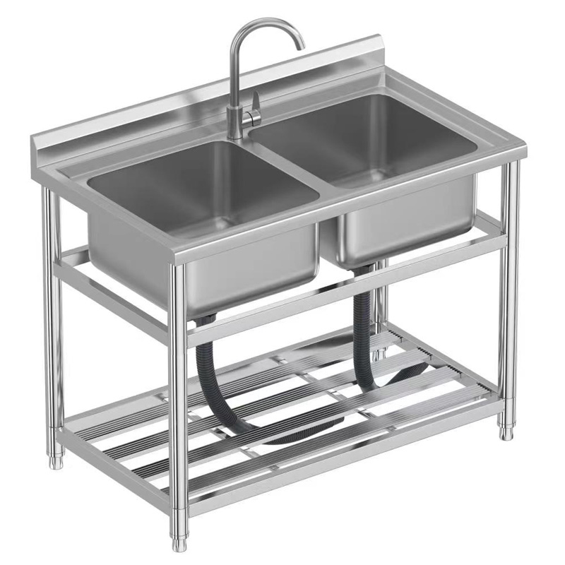 商用不锈钢水槽水池洗菜盆洗碗池大单双槽带平台支架加厚家用水斗