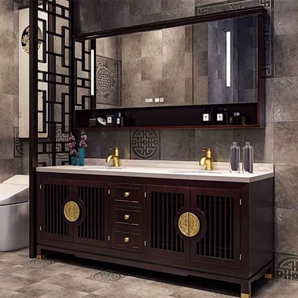 新中式浴室柜组合双人台卫生间洗漱陶瓷盆智能除雾镜洗脸橡木一体