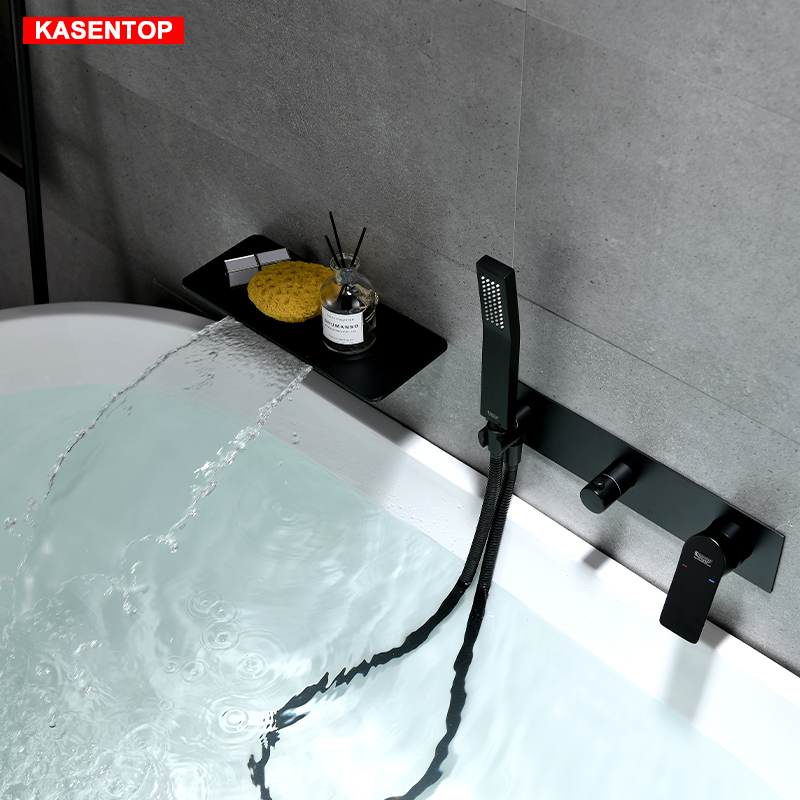 德国kasentop黑色暗装浴缸水龙头墙边瀑布出水入墙式酒店花洒冷热