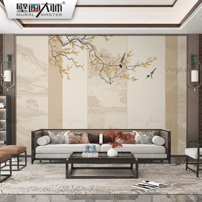 新中式沙发背景墙壁纸2023客厅拼色花鸟壁布包间酒店卧室床头壁画