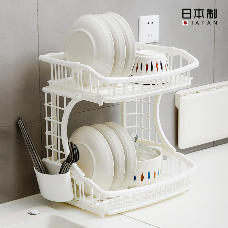 日本进口双层碗碟收纳架厨房水槽边盘碗沥水架子置物架勺筷碗架