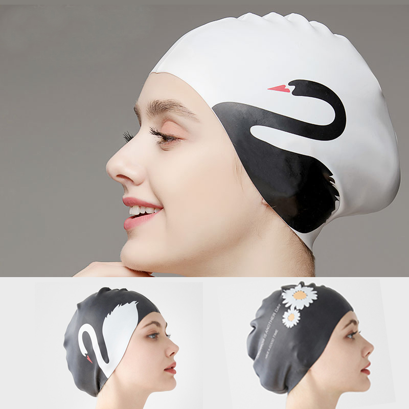 硅胶泳帽防水护耳加大长发不勒头专业舒适成人黑色天鹅网红游泳帽