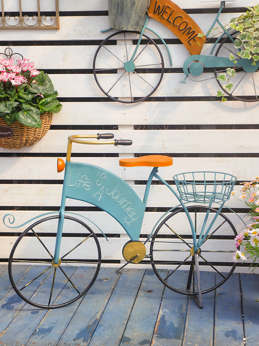 铁艺做旧蓝色自行车花架 庭院花园装饰品造景杂货摆件