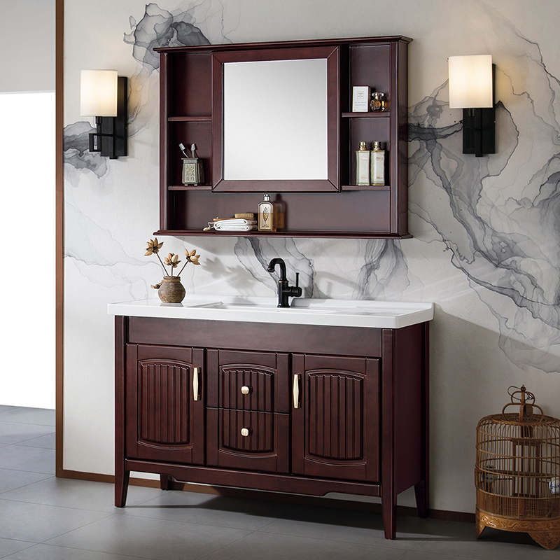 新中式浴室柜组合实木落地式洗脸洗手盆池镜柜卫生间洗漱台卫浴柜