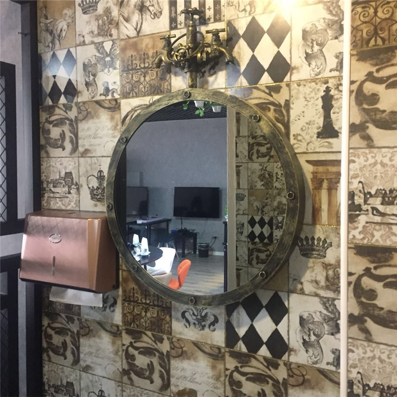 工业风格复古做旧铁艺双水龙头挂镜酒吧咖啡厅墙饰壁挂镜子洗浴镜