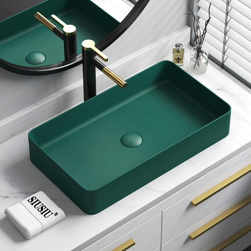 北欧极简墨绿色陶瓷台上盆家用洗手盆单盆面池方形洗脸盆洗面水盆