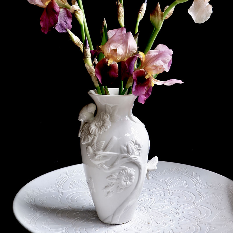 奶油白色浮雕立体鸟陶瓷花瓶摆件样板间侘寂风客厅玄关桌面装饰品