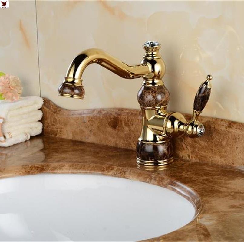 欧式卫生间玉石水龙头洗手间金色台上盆冷热台上盆可旋转龙头