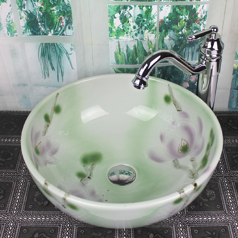 洗脸盆手绘洗手盆台上盆中式圆形洗漱艺术家用陶瓷卫生间单盆池面
