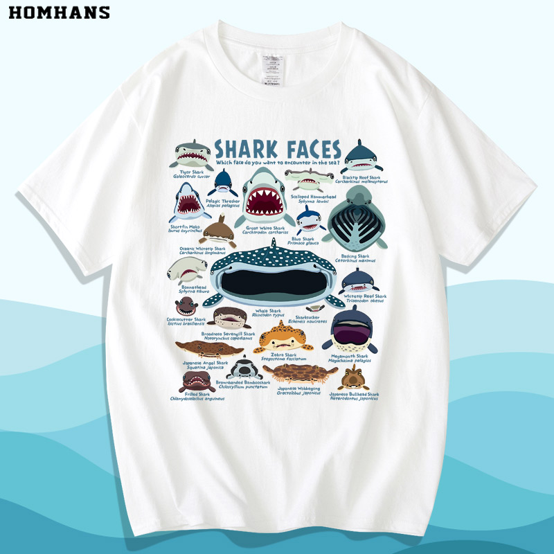 海洋动物鲨鱼SHARK艺术卡通短袖T恤重磅纯棉宽松欧版男女宽松亲子