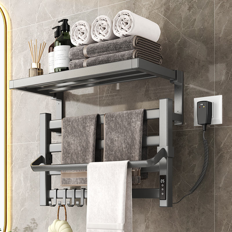 枪灰电热毛巾架家用智能卫生间免打孔碳纤维加热烘干浴室置物架