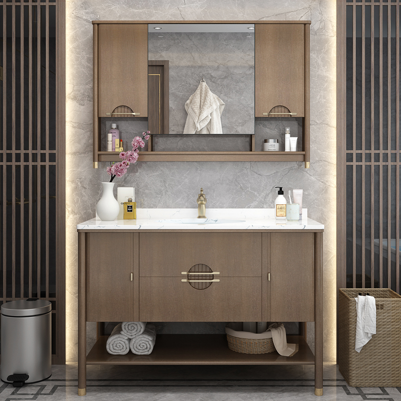 现代新中式落地式浴室柜组合中式卫生间洗脸洗手盆镜柜实木洗漱台
