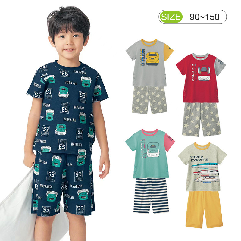 出口日本男童家居服套装纯棉夏季儿童短袖短裤男孩薄款空调服睡衣
