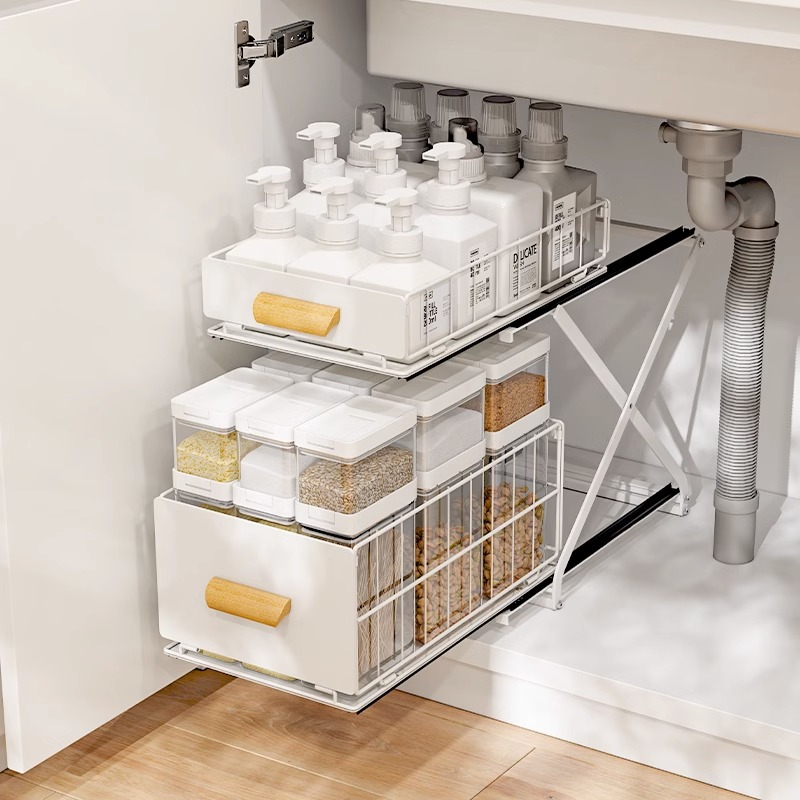 推荐可调节厨房下水槽抽拉式置物架橱柜内抽屉拉篮分层折叠收纳架