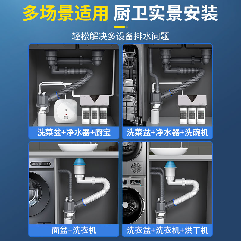 厨房下水管三通防臭神器洗碗机净水器过滤L水槽排水管道多功能接