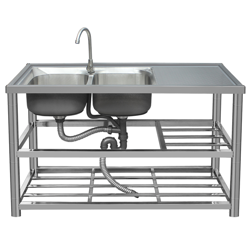 速发厨房不锈钢水槽台面一体洗菜盆带平台双槽洗手盆简易工作台洗