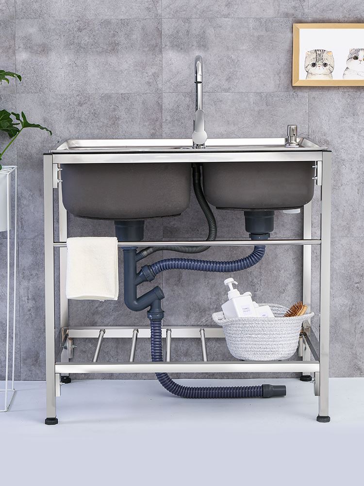 洗菜盆一体式双槽带支架厨房洗菜池水池洗碗槽架子304z不锈钢水槽