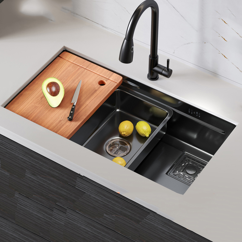 速发黑色纳米水槽304不锈钢手工加厚大单槽日式阶梯厨房洗菜盆台