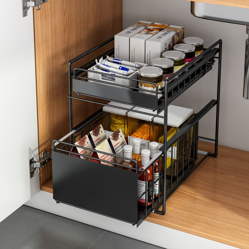 极速厨房下水槽置物架可伸缩台面2层抽拉式抽屉架子橱柜内分层收