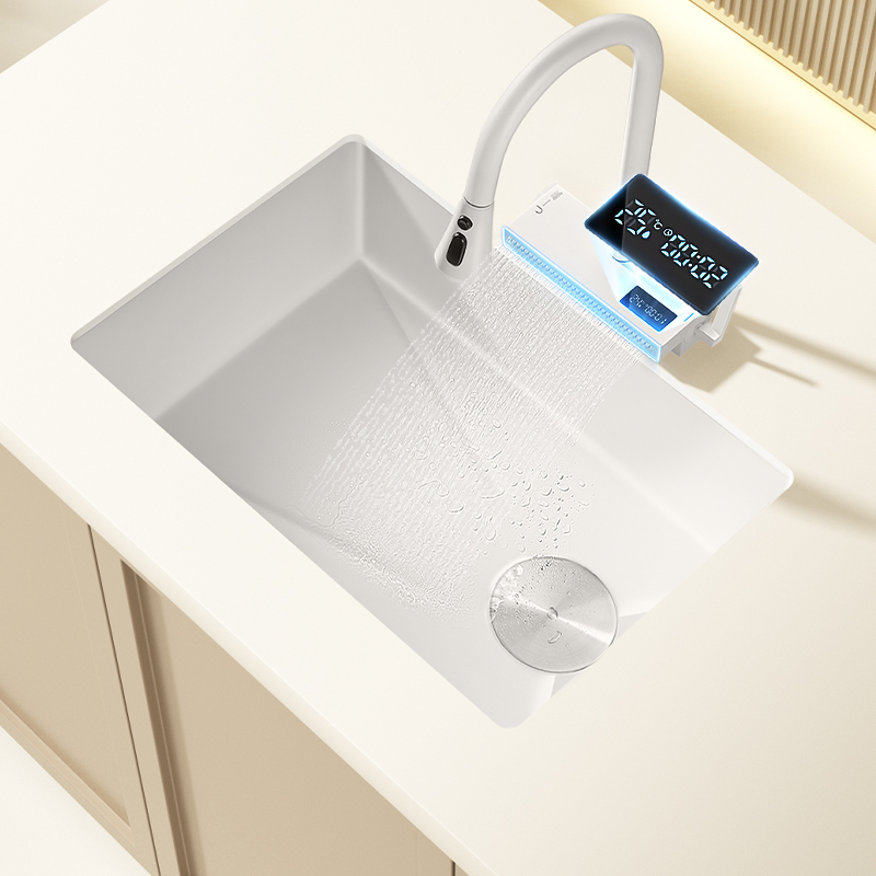 莱野白色水槽大单水槽手工304不锈钢G洗菜盆厨房瀑布洗碗池家用台
