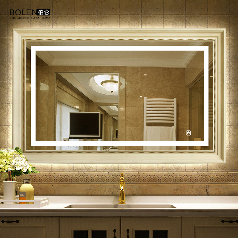 BOLEN美式浴室镜卫生间镜子LED灯镜卫浴镜子Q带灯光复古洗漱台镜