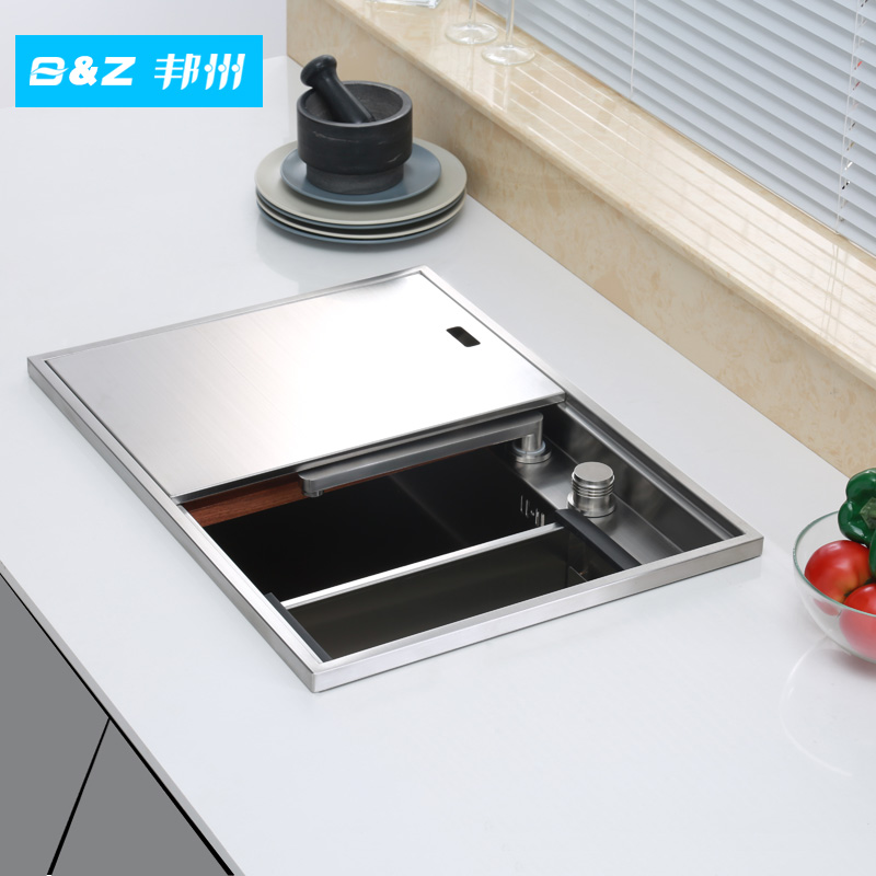 速发创意厨房隐藏式水槽单槽 304不锈钢纯手工台上盆带盖板洗菜盆