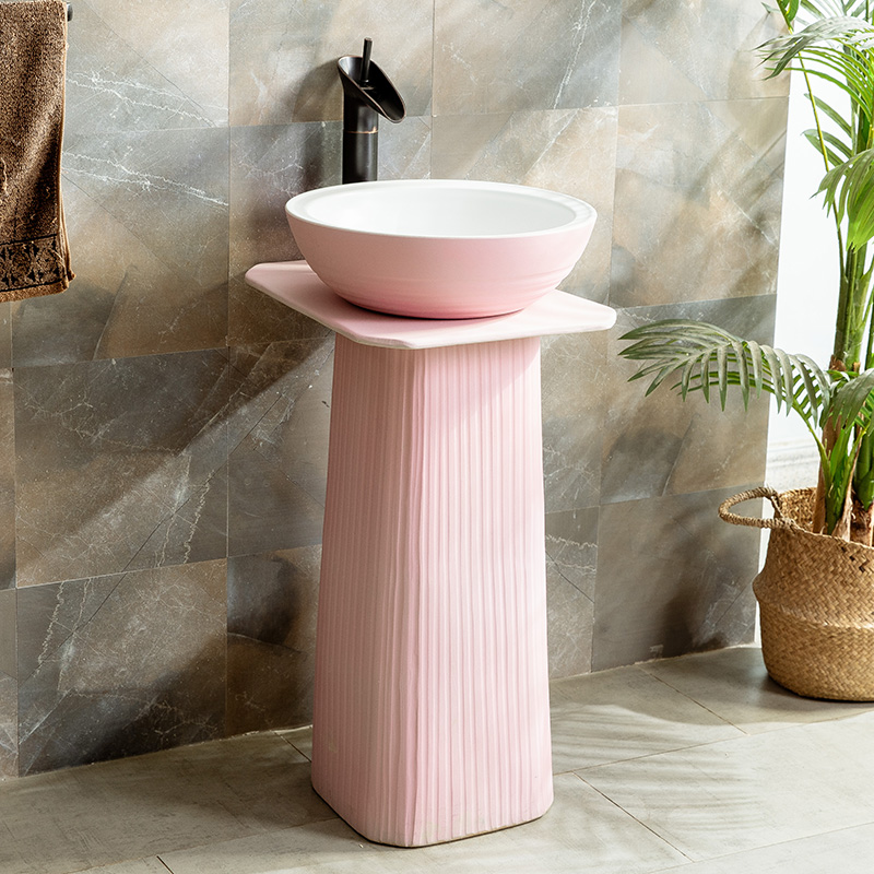 现货速发粉色阳台立柱式洗脸盆洗手台盆一体卫生间落地式立式柱盆