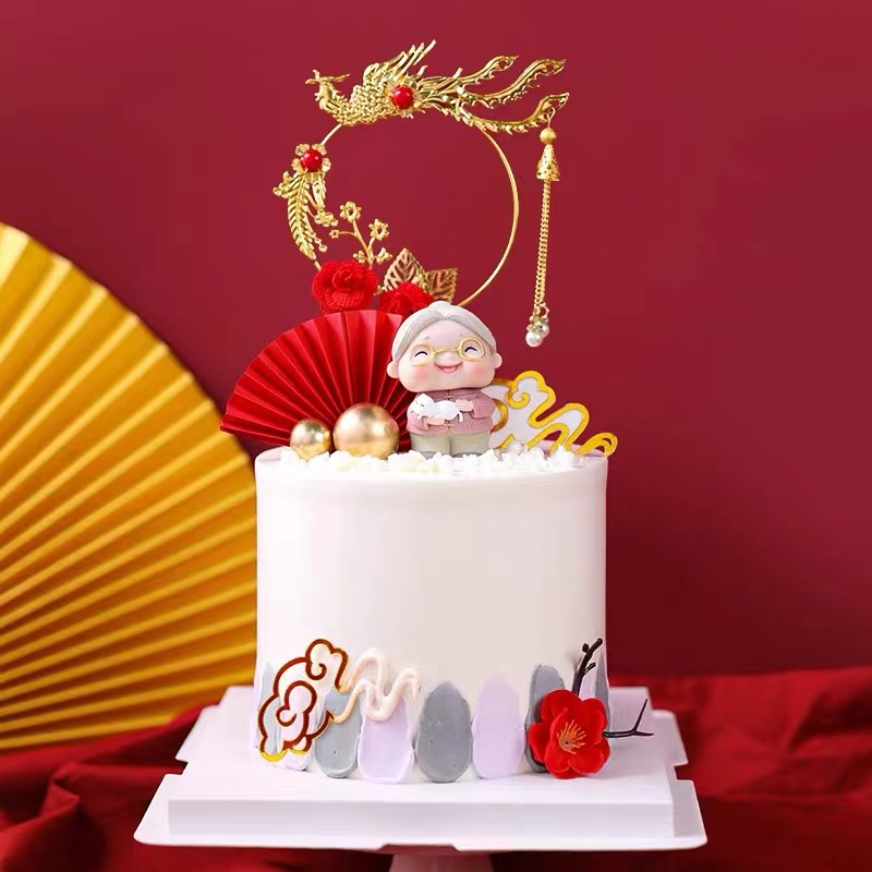 烘焙蛋糕装饰祝寿系列抱猫老奶奶玩偶摆件老人过寿祥云折扇装扮