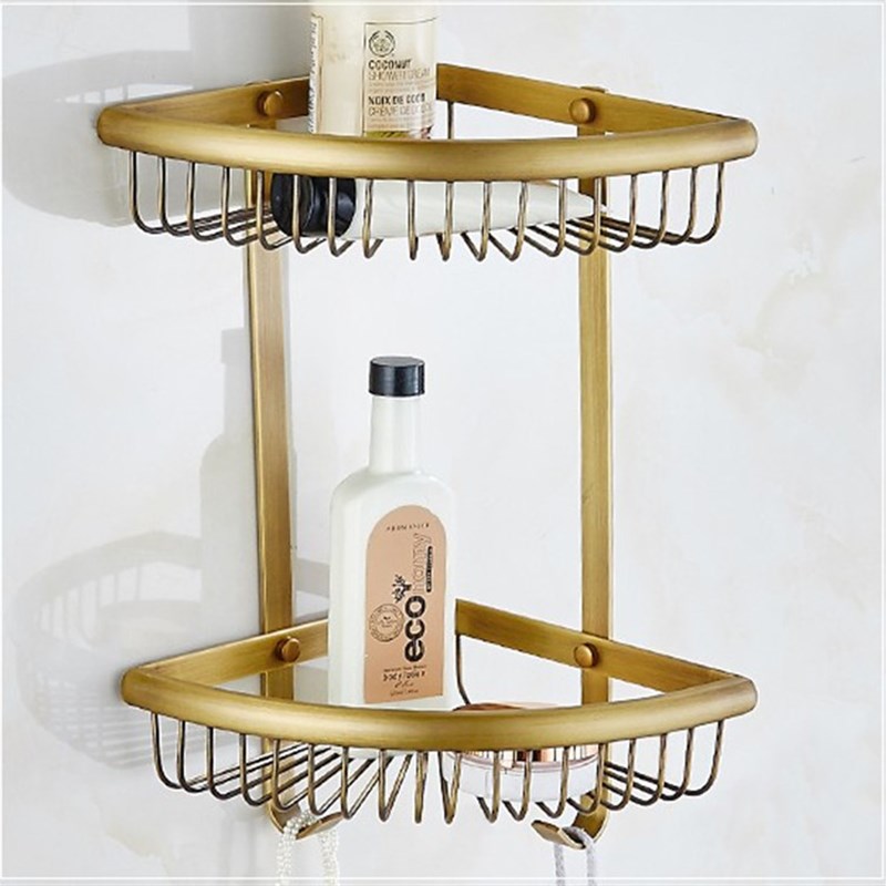 极速欧式卫生间浴室全铜仿古单层转角架双层网篮三角篮加高铜篮置