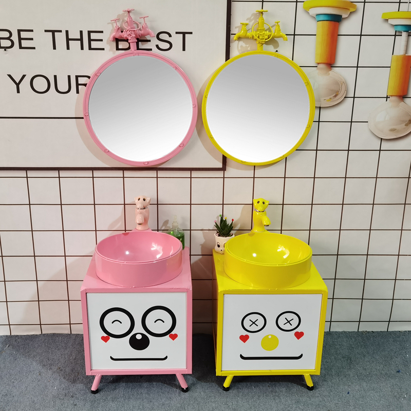 速发幼儿园儿童洗手盆组合卡通洗脸盆浴室柜彩色创意一体落地式立