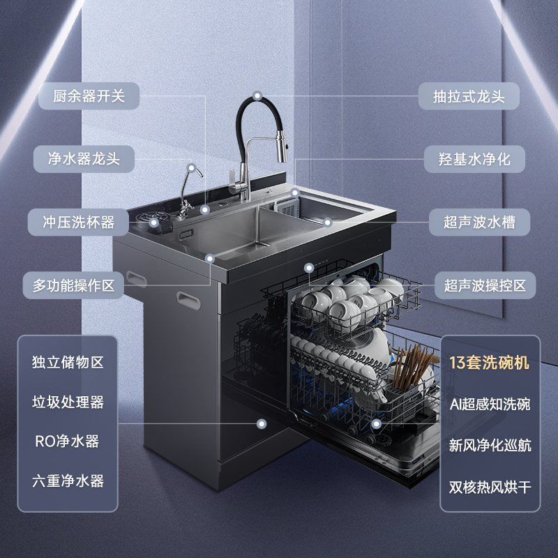 【新品】澳柯玛集成水槽洗碗机一体式家用超声波13套洗.碗机大容