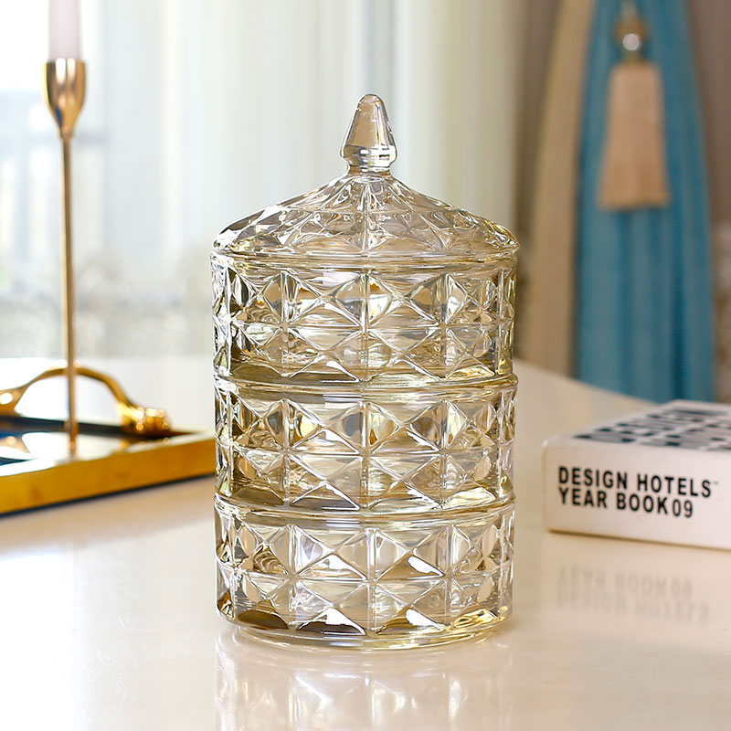 欧式轻奢水晶玻璃糖果罐子三层干果盒精致糖缸零食收纳透明储物罐