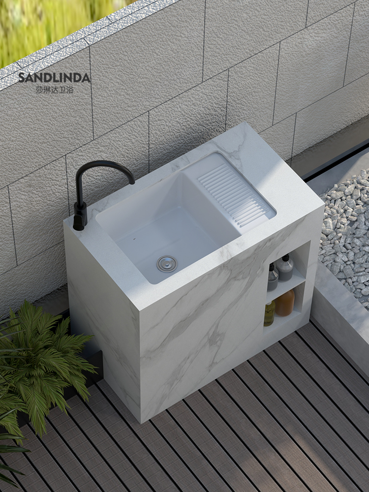 岩板大理石洗衣池阳台户外庭院水池一体洗衣台盆带搓板水槽定制