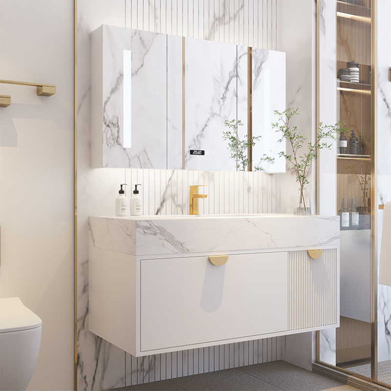 现代岩板风水镜实木浴室柜组合洗手盆洗漱盆智能镜柜卫浴柜可定制