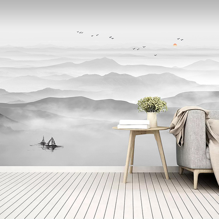 新中式淡雅水墨山水画墙纸电视沙发背景墙壁纸定制墙布大气8D壁画