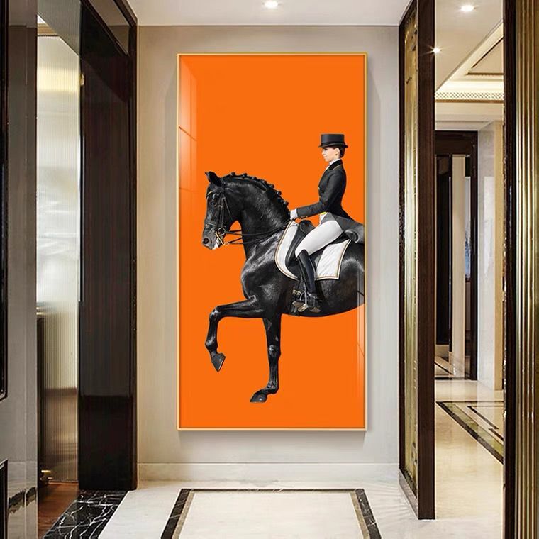 入户玄关客厅装饰画现代简约北欧轻奢客厅挂画橙色马过道走廊壁画