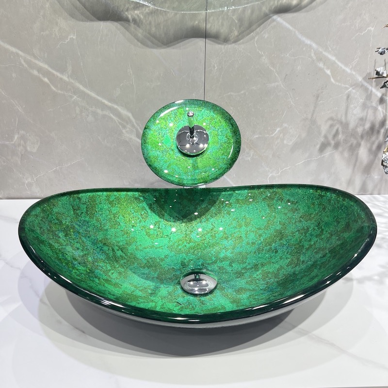 复古绿色钢化玻璃洗手盆家用台上盆简约艺术盆创意长方形洗脸盆圆