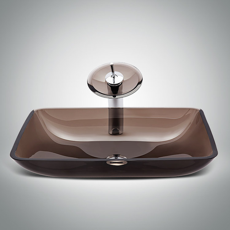 卫生间方形钢化玻璃台上盆现代简约洗手盆家用透明灰色艺术盆茶色