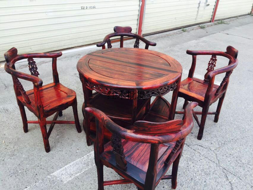 交趾黄檀红木住宅家具老挝大红酸枝休闲咖啡桌椅五件套圆餐桌椅子