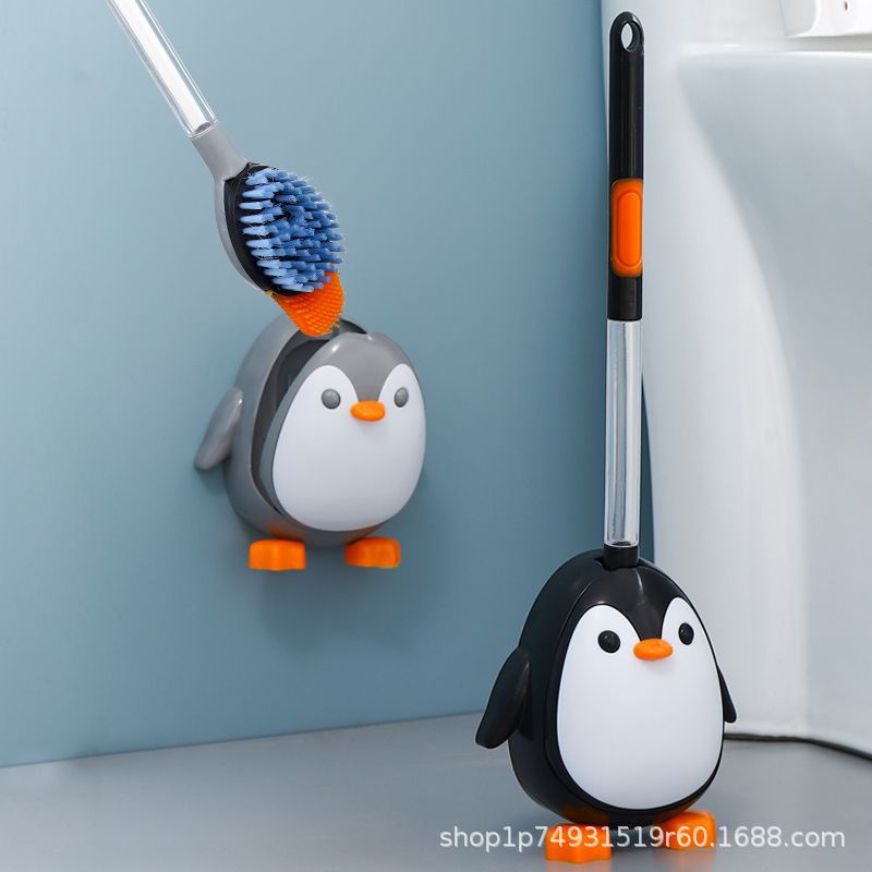 企鹅加液厕所马桶刷子卫生间创意壁挂式底座清洁硅胶软毛按压出液