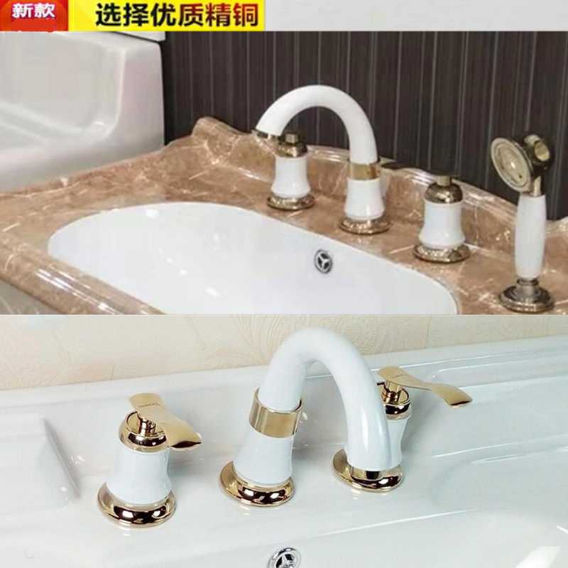 欧式 金色 冷热白瓷色双把三孔水龙头洗脸池卫生间金色四孔盆龙头