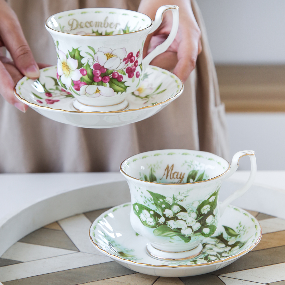 骨瓷复古月份花卉咖啡杯 下午茶杯碟 创意红茶欧式金边礼品中古陶